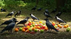 pet Crow eating fruits and protein diet